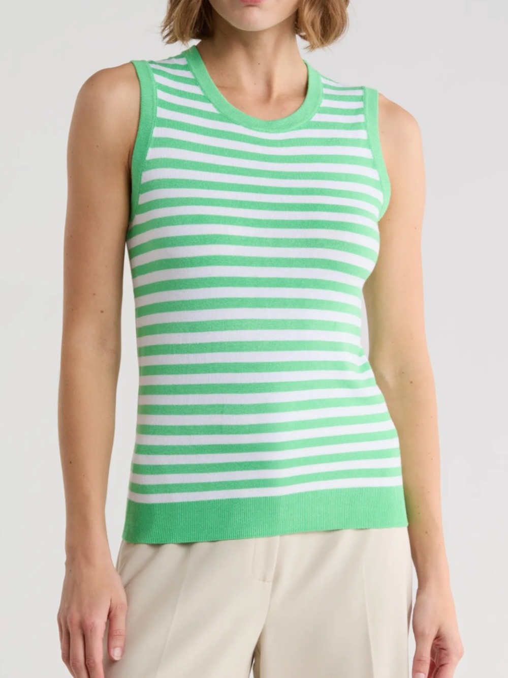 Green and White Striped Sleeveless Sweater Tank